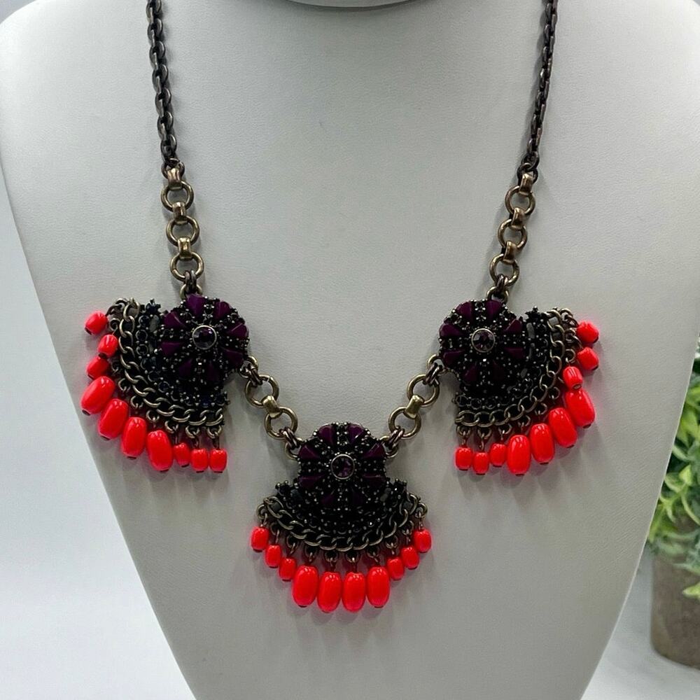 J. CREW‎ Fan Fringe Flower Purple Orange Gold Tone Statement Bib Necklace
